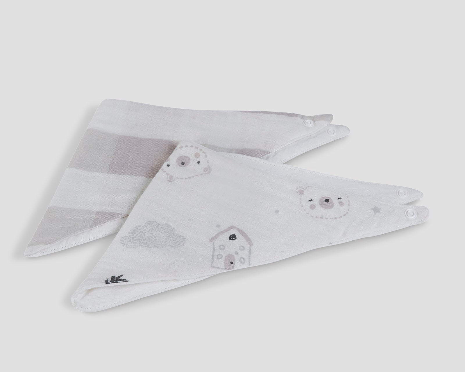 Two triangular Bear Love muslin bibs with bear motifs and a pale striped design