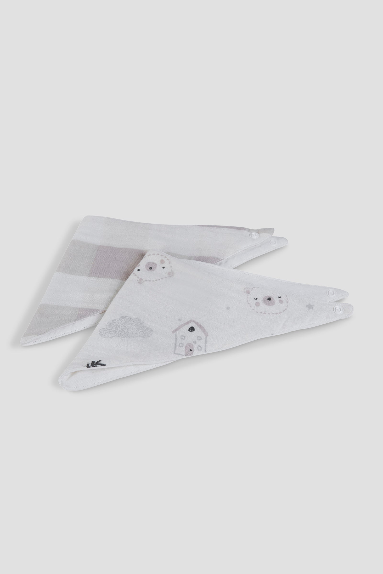 Two triangular Bear Love muslin bibs with bear motifs and a pale striped design