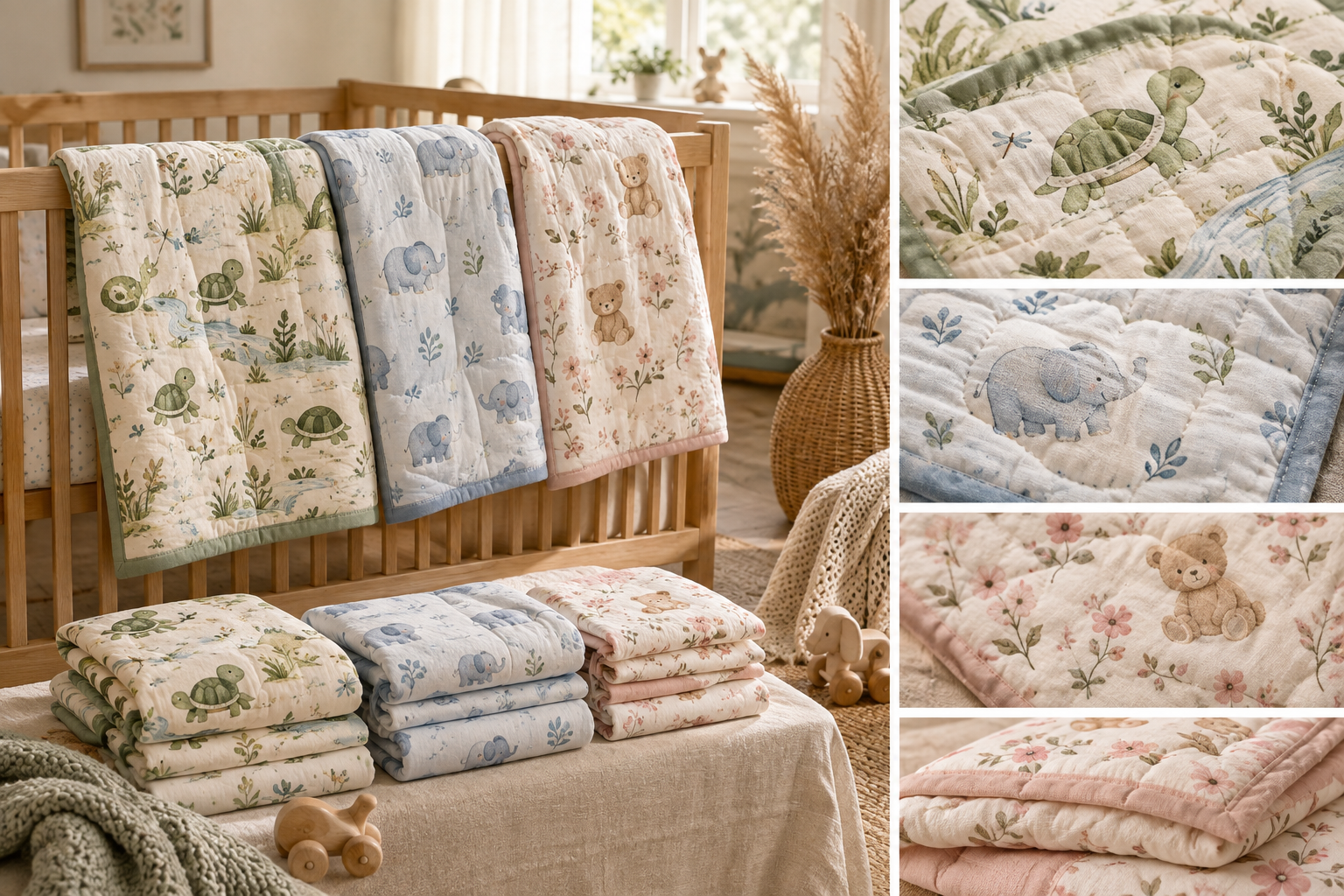 Handcrafted baby bedding set arranged in a softly styled nursery