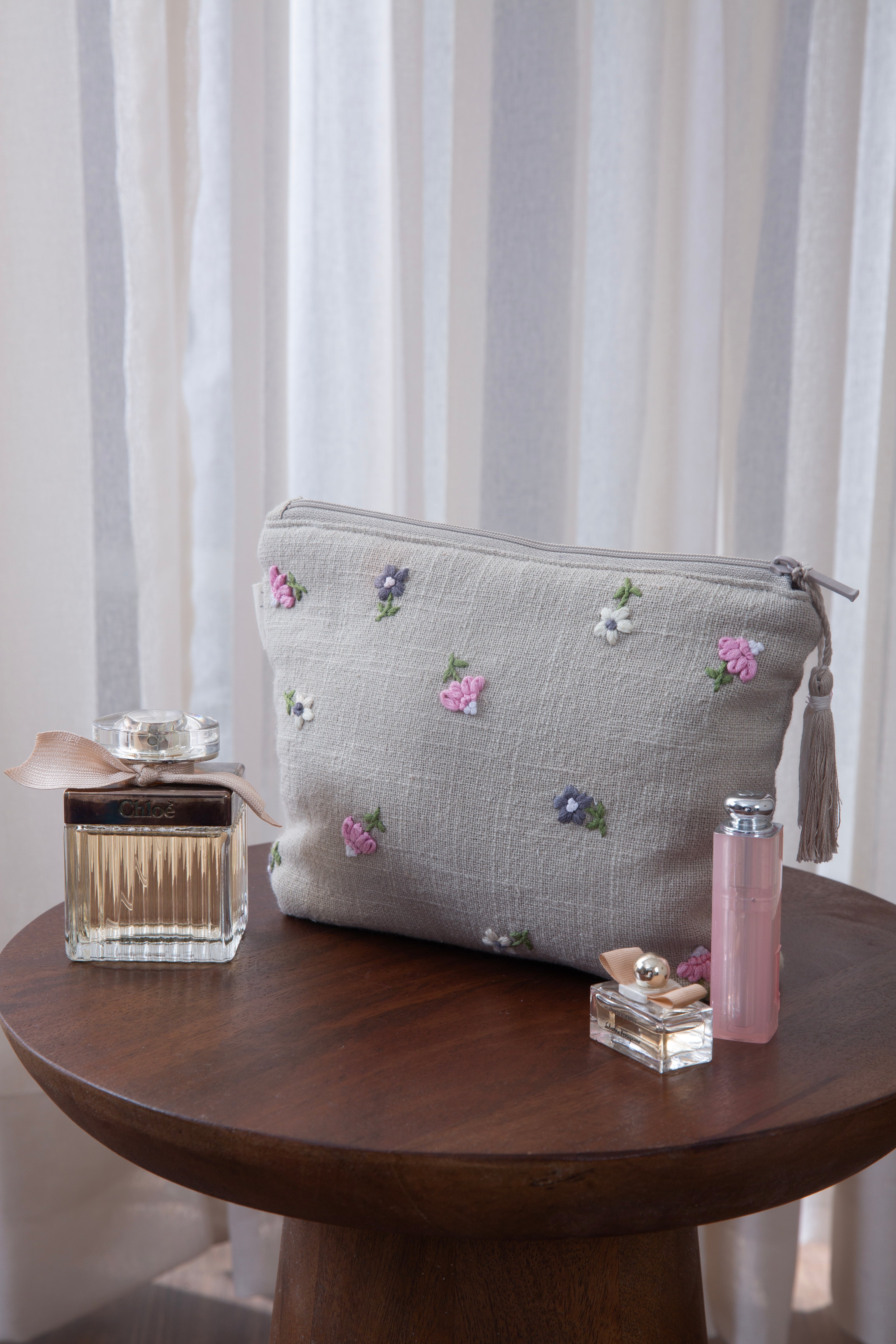 Cosmetic Pouch - Floral Threads - Beige