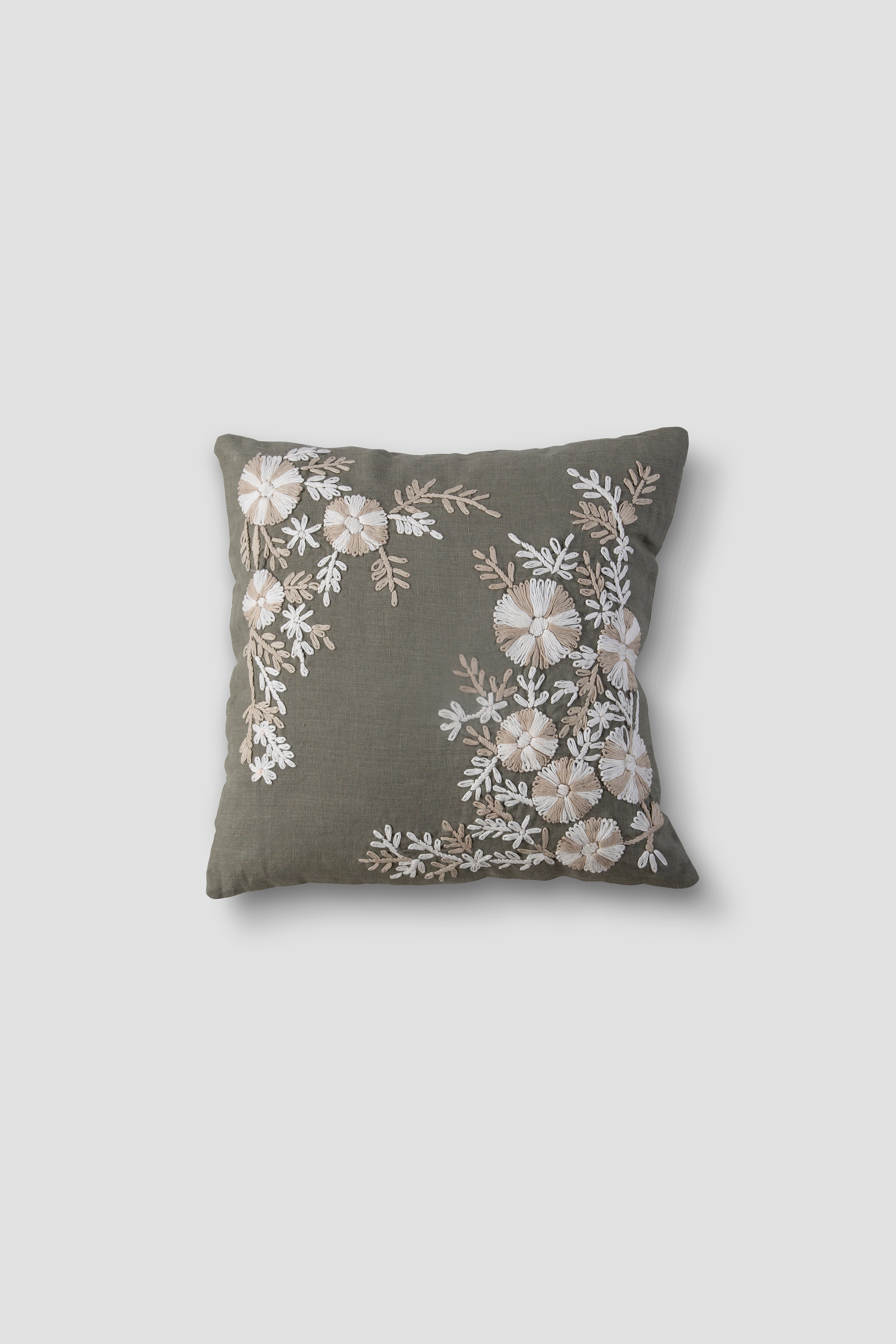 Blossom Stitch In Olive Linen Cushion Cover